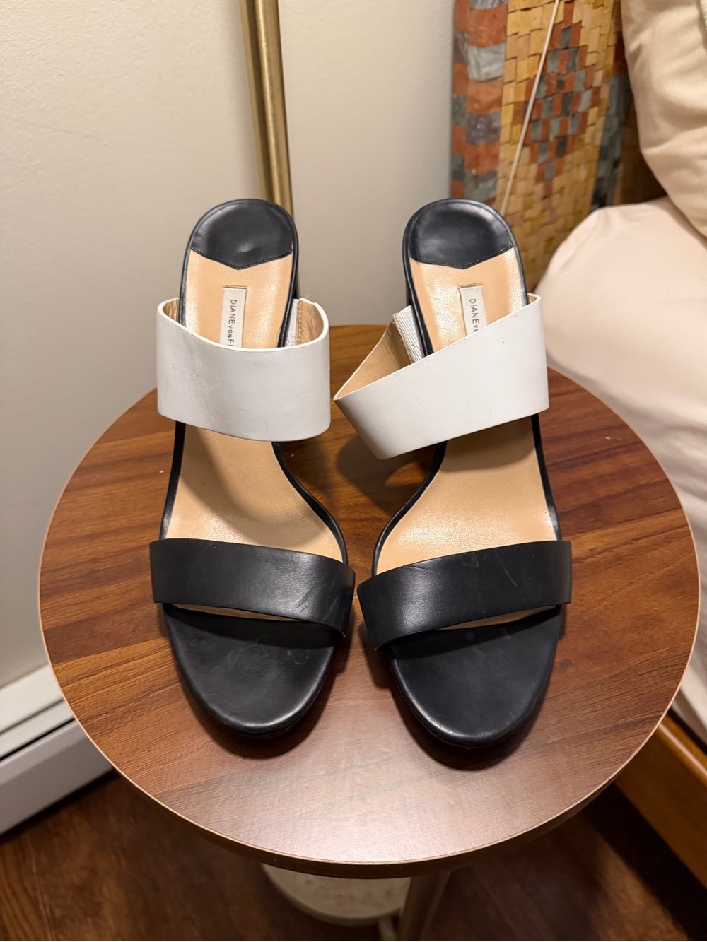Diane Von Furstenberg Black and White Leather Slide Mules